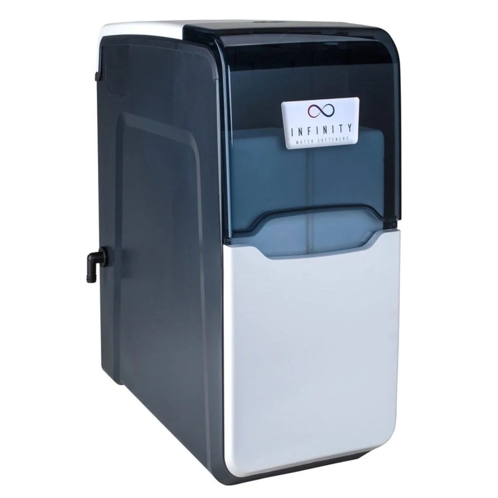 Infinity T4 water softener front view showing salt compartment